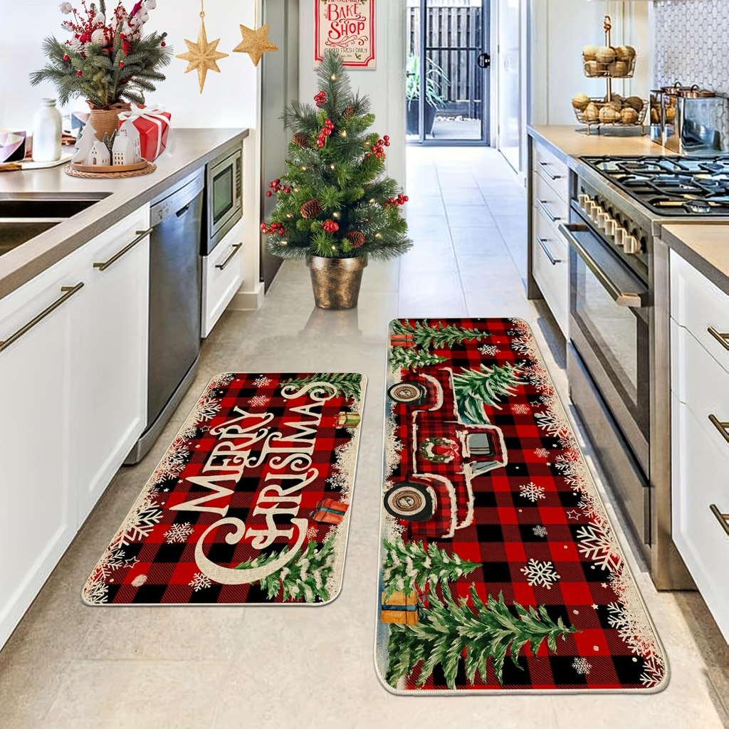 Vibrant Red Truck and Buffalo Plaid Non-Slip Washable Polyester Holiday Mats