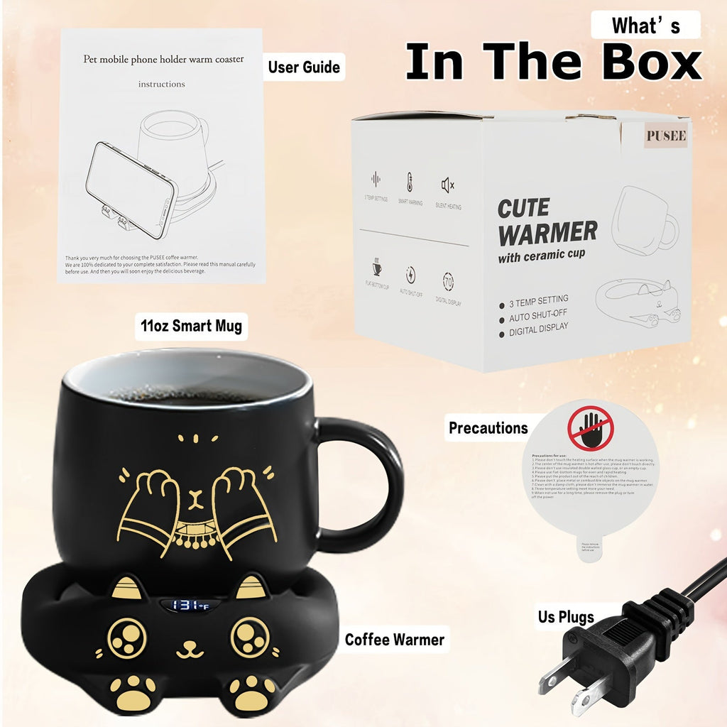 Coffee Warmer & Adorable Cat Mug Set
