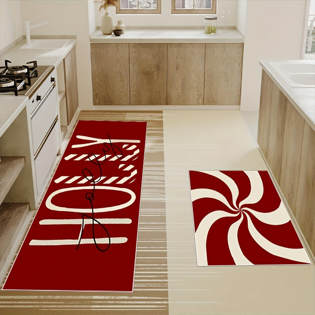 Christmas Candy Cane Kitchen Mats Set - Anti-Slip, Machine Washable, Festive Holiday Decor for Home