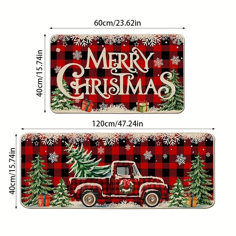 Vibrant Red Truck and Buffalo Plaid Non-Slip Washable Polyester Holiday Mats