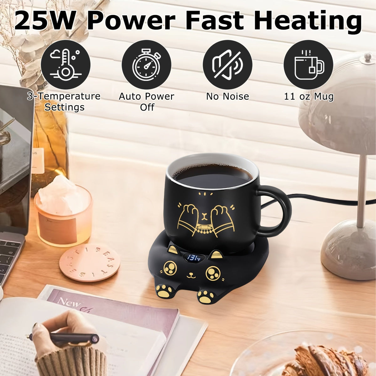 Coffee Warmer & Adorable Cat Mug Set
