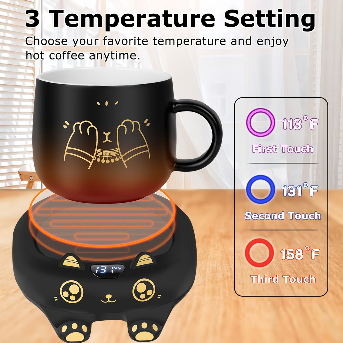 Coffee Warmer & Adorable Cat Mug Set
