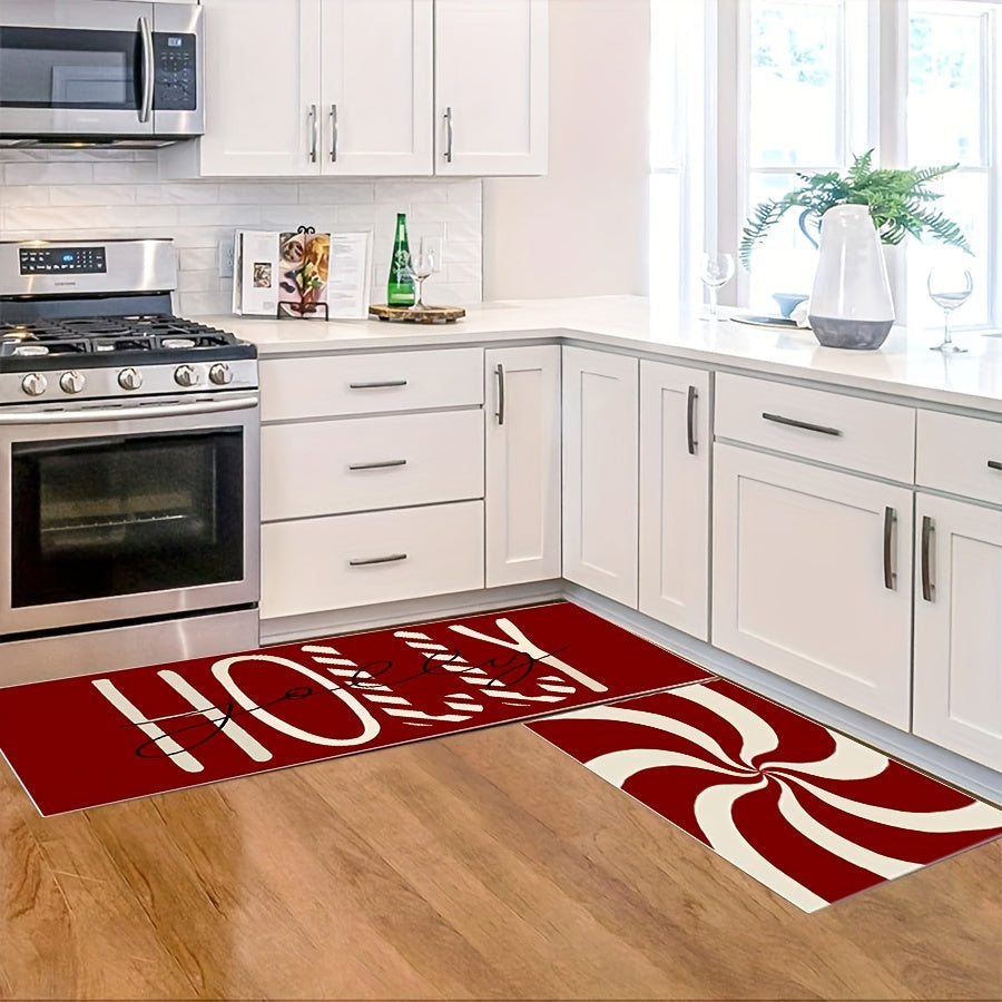 Christmas Candy Cane Kitchen Mats Set - Anti-Slip, Machine Washable, Festive Holiday Decor for Home