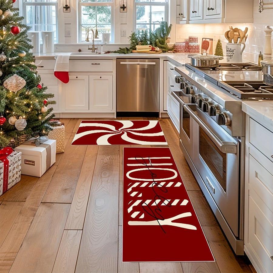 Christmas Candy Cane Kitchen Mats Set - Anti-Slip, Machine Washable, Festive Holiday Decor for Home
