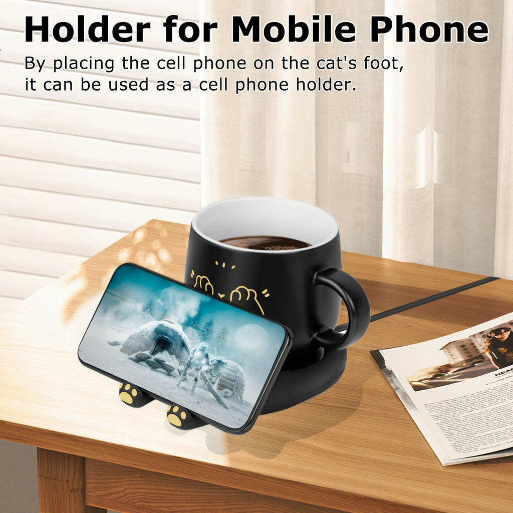 Coffee Warmer & Adorable Cat Mug Set
