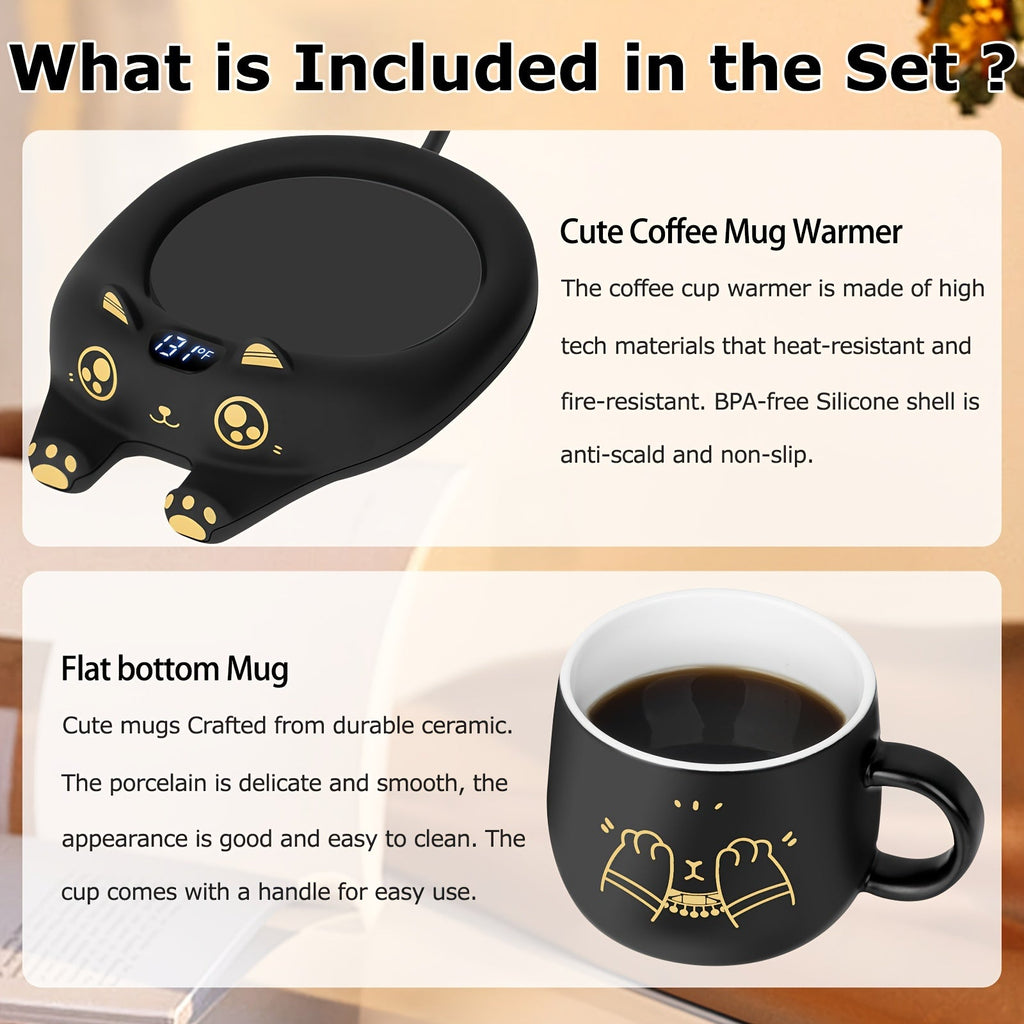 Coffee Warmer & Adorable Cat Mug Set