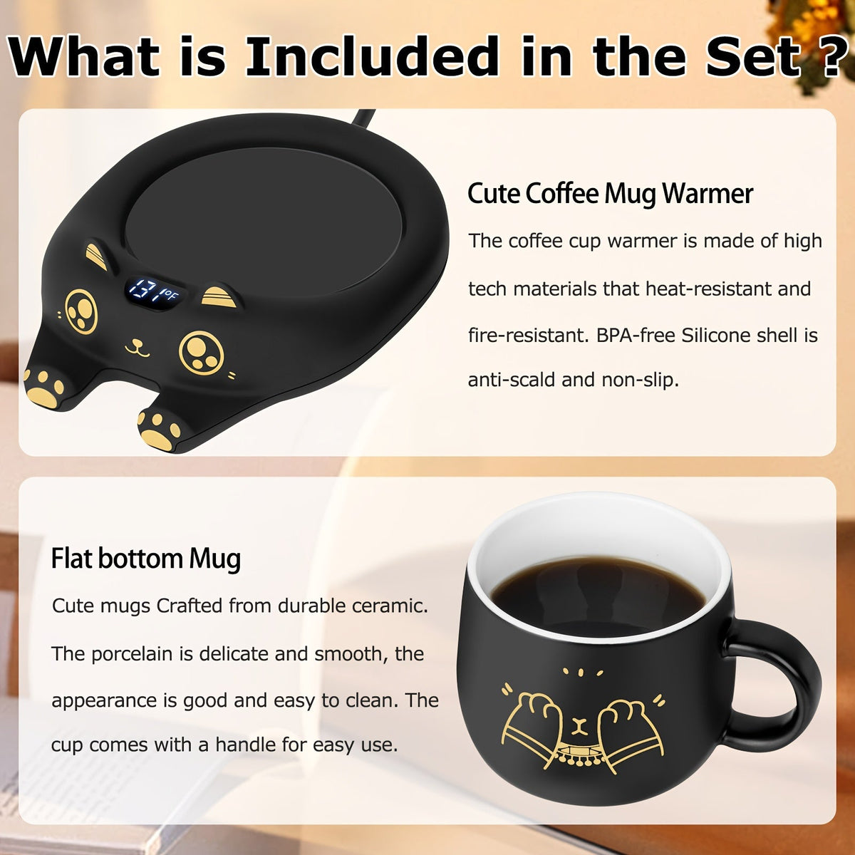 Coffee Warmer & Adorable Cat Mug Set